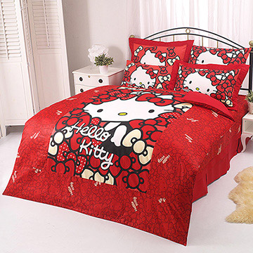 【享夢城堡】HELLO KITTY 我的Ribbon時尚系列-雙人純棉四件式床包兩用被組(紅)