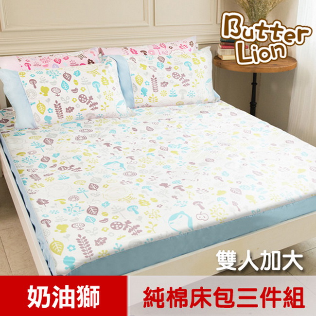 【奶油獅】好朋友系列-台灣製造-100%精梳純棉床包三件組(白森林)-雙人加大6尺