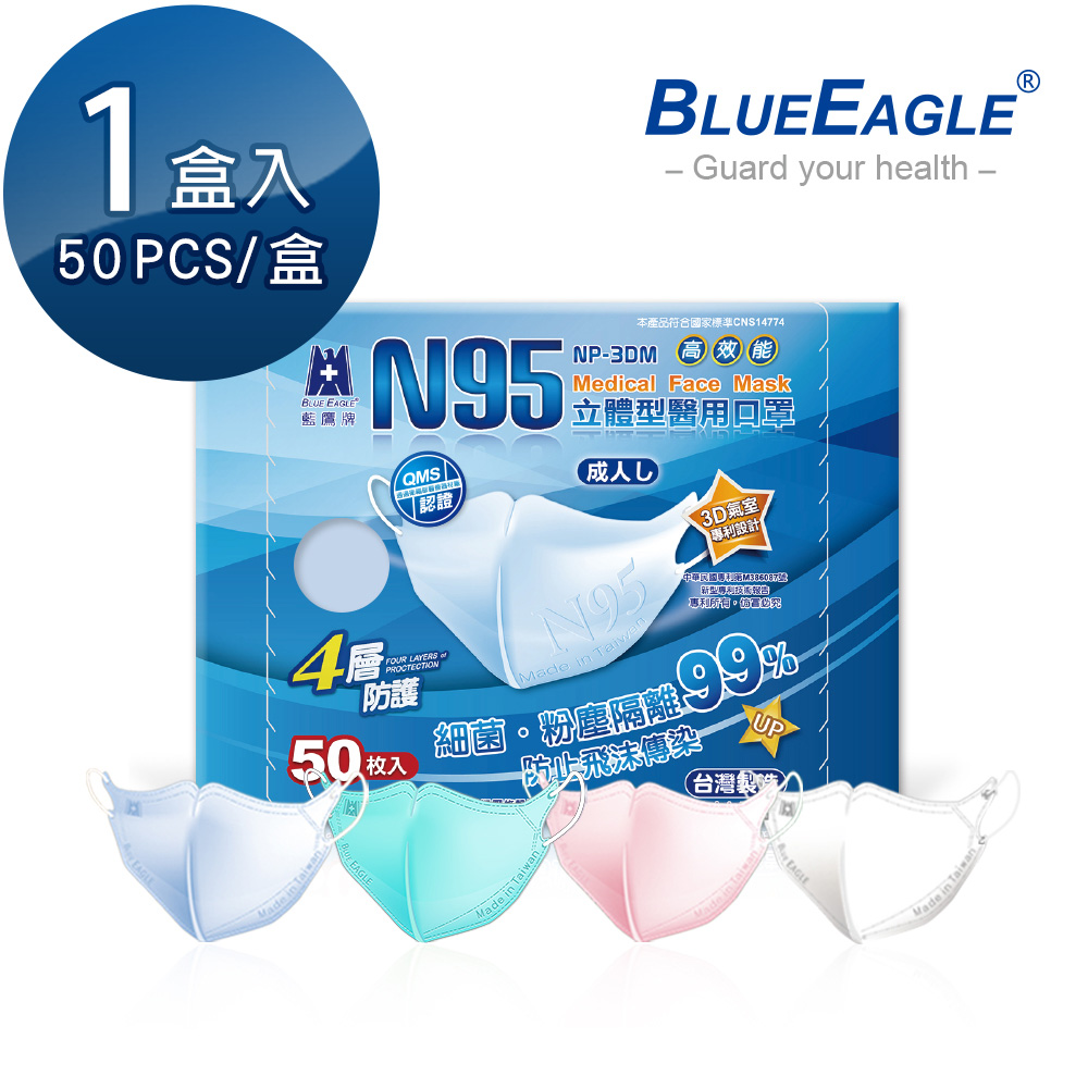 【藍鷹牌】N95醫療口罩 成人立體型醫用口罩 50入/盒(束帶式/藍色.綠色.粉色)
