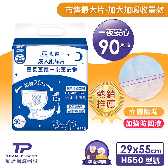 【勤達】成人尿片-夜用型加寬加長、立體防漏、瞬效乾爽-90片/包