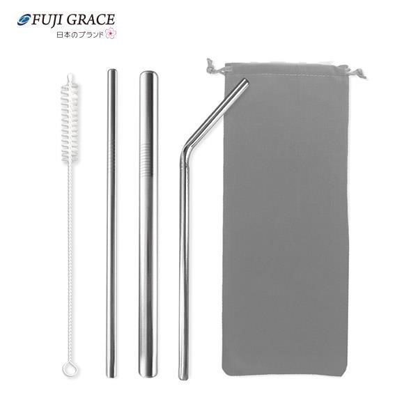 【Fuji-Grace 富士雅麗】頂級304不鏽鋼吸管超值套組(四件組+絨布套)