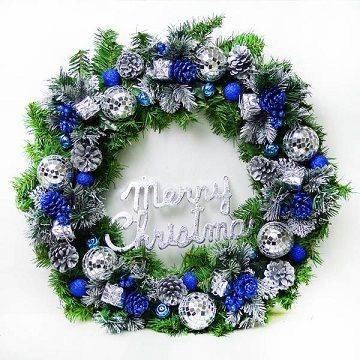 【聖誕限定】24吋豪華高級聖誕花圈(藍銀色系)(台灣手工組裝出貨)