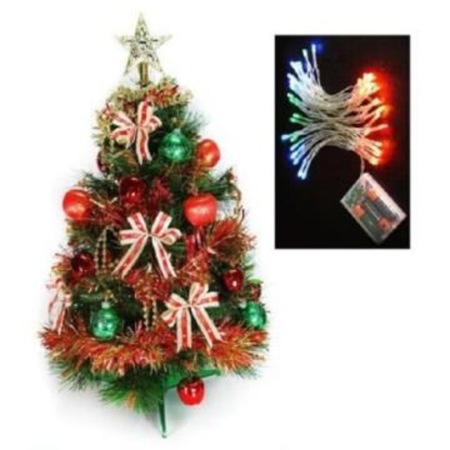 【摩達客】台灣製2尺60cm綠松針聖誕樹+紅金色系裝飾+LED50燈彩光電池燈