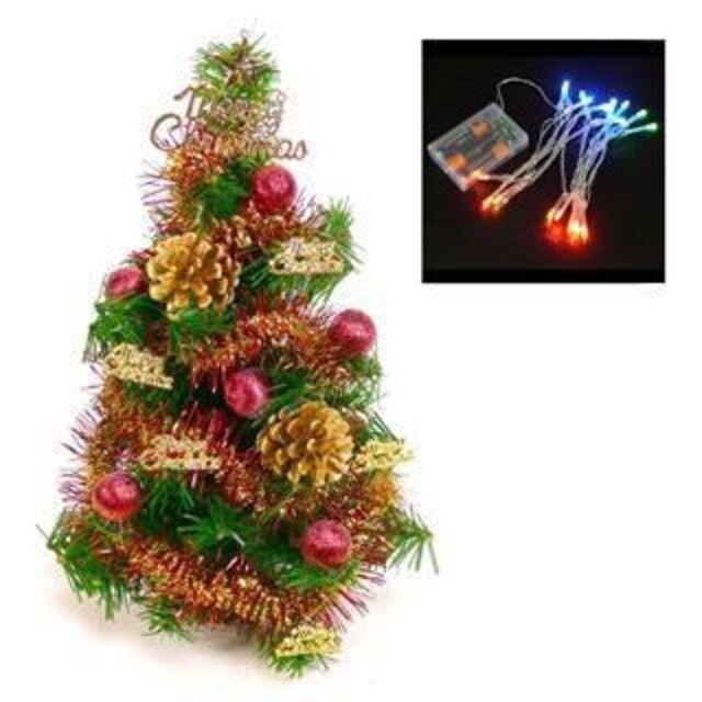 【摩達客】台灣製1尺綠色聖誕樹+紅金松果色裝飾+LED20燈彩光電池燈