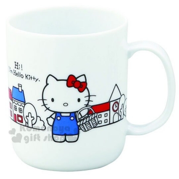 〔小禮堂〕Hello Kitty 日製陶瓷馬克杯《白.站姿.提籃.房子》