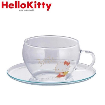 Hello Kitty 日製 玻璃 杯盤組 咖啡杯盤 茶杯 點心盤 YAMAKA陶瓷 (透明 側坐)