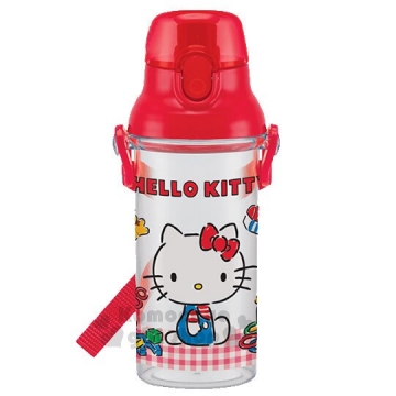 〔小禮堂〕Hello Kitty 日製直飲式水壺《紅透明.格紋.套圈圈》480ml.附背帶