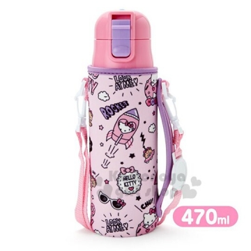 〔小禮堂〕Hello Kitty 不鏽鋼保溫瓶附斜背水壺袋《粉紫》470ml.水瓶