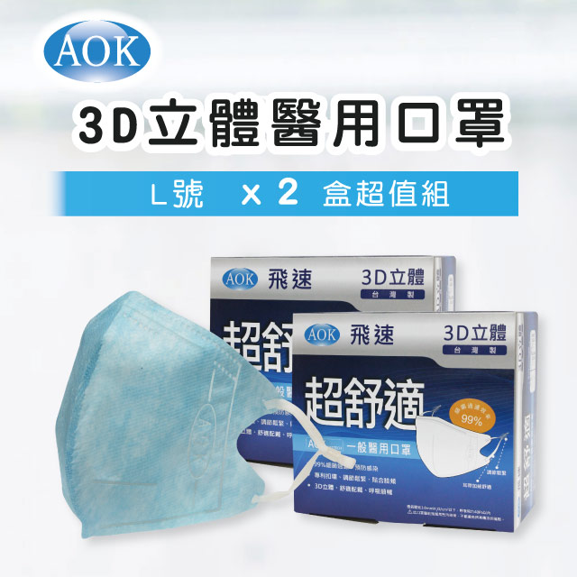 【超值2入組】 【AOK 】3D立體醫 用口罩 - 藍色 L號 (50入/ 盒，共100入)