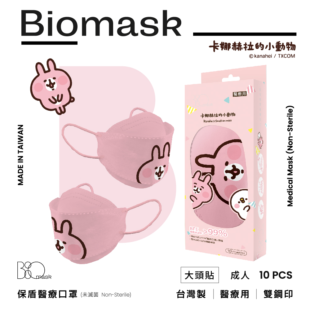杏康安四層成人醫用口罩-卡娜赫拉的小動物聯名-大頭貼款(粉色)-韓版立體-10入/盒