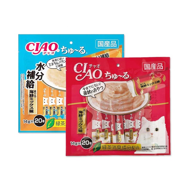(2袋組)日本CIAO-貓咪營養肉泥流質點心20入/袋-鮪魚海鮮(紅)+補水鮪魚海鮮