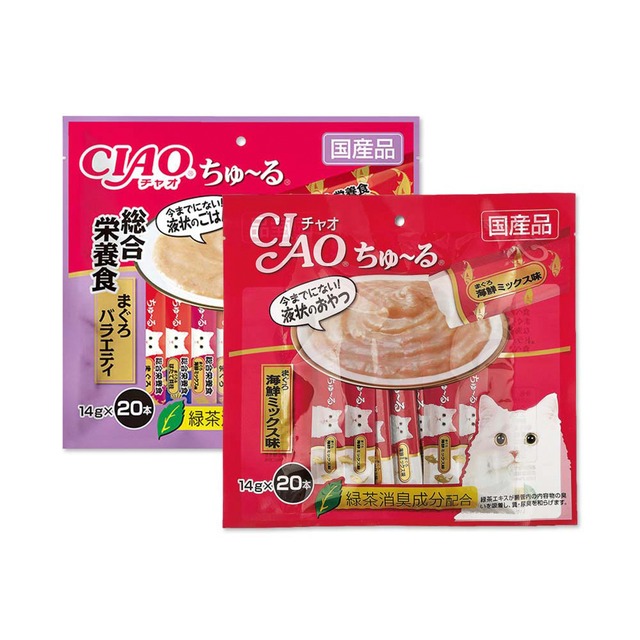 (2袋組)日本CIAO-貓咪營養肉泥流質點心20入/袋-鮪魚海鮮(紅)+營養綜合鮪魚