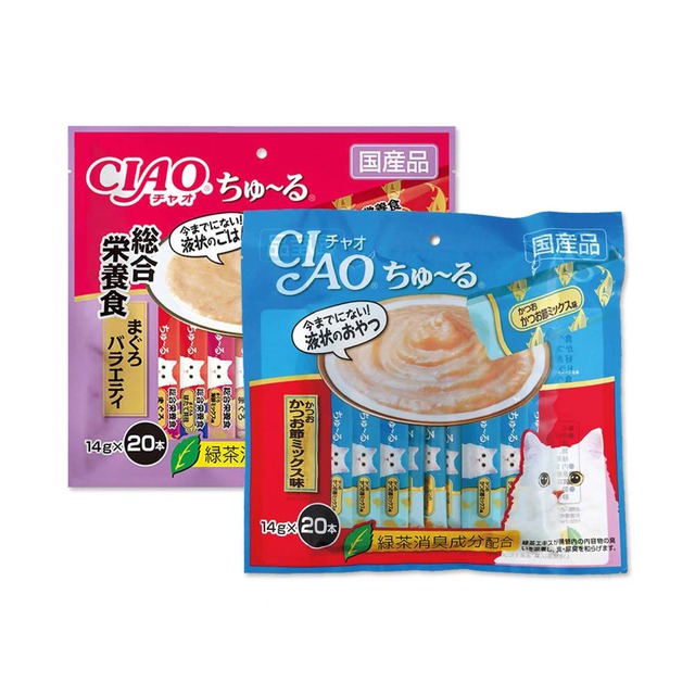 (2袋組)日本CIAO-貓咪營養肉泥流質點心20入/袋-鰹魚柴魚(藍)+營養綜合鮪魚