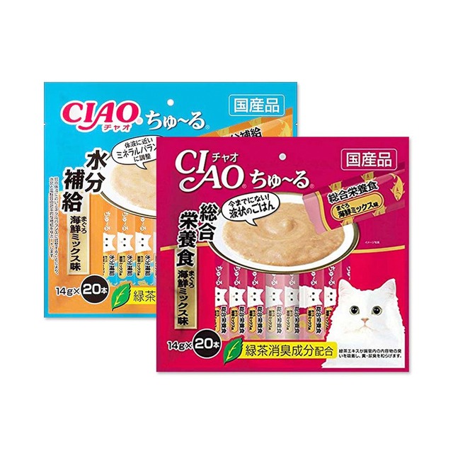 (2袋組)日本CIAO-貓咪營養肉泥點心20入/袋-營養鮪魚海鮮(酒紅)+補水鮪魚海