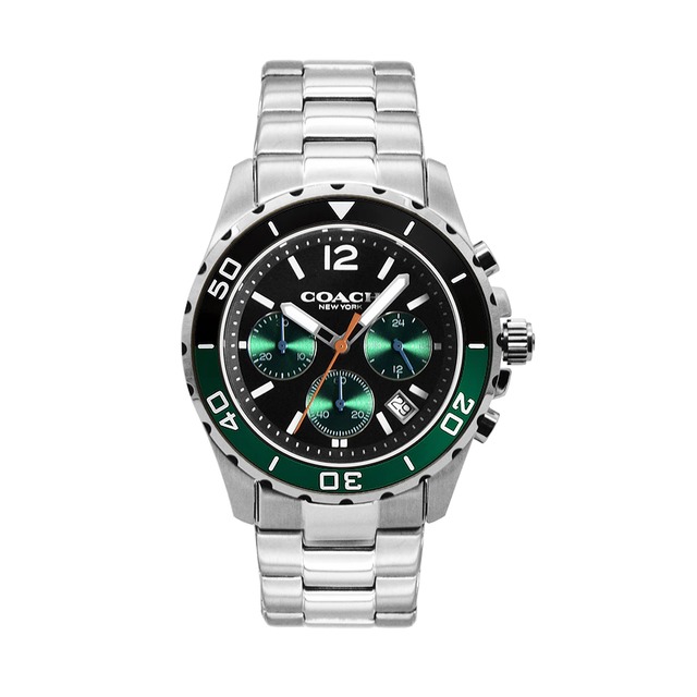 【COACH】KENT系列 黑+綠面 銀色框 不鏽鋼錶帶 三眼計時腕錶 手錶 男錶(1460