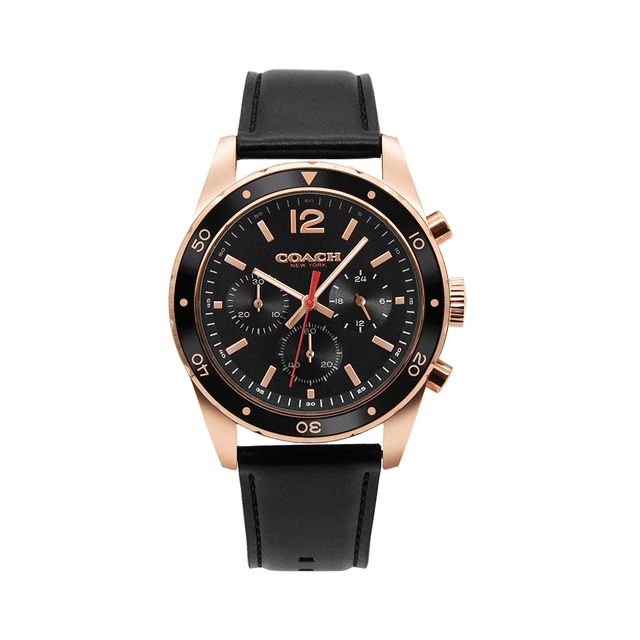 【COACH】Sullivan系列 黑面 玫瑰金框 黑色皮革三眼計時腕錶 手錶 男錶(14602