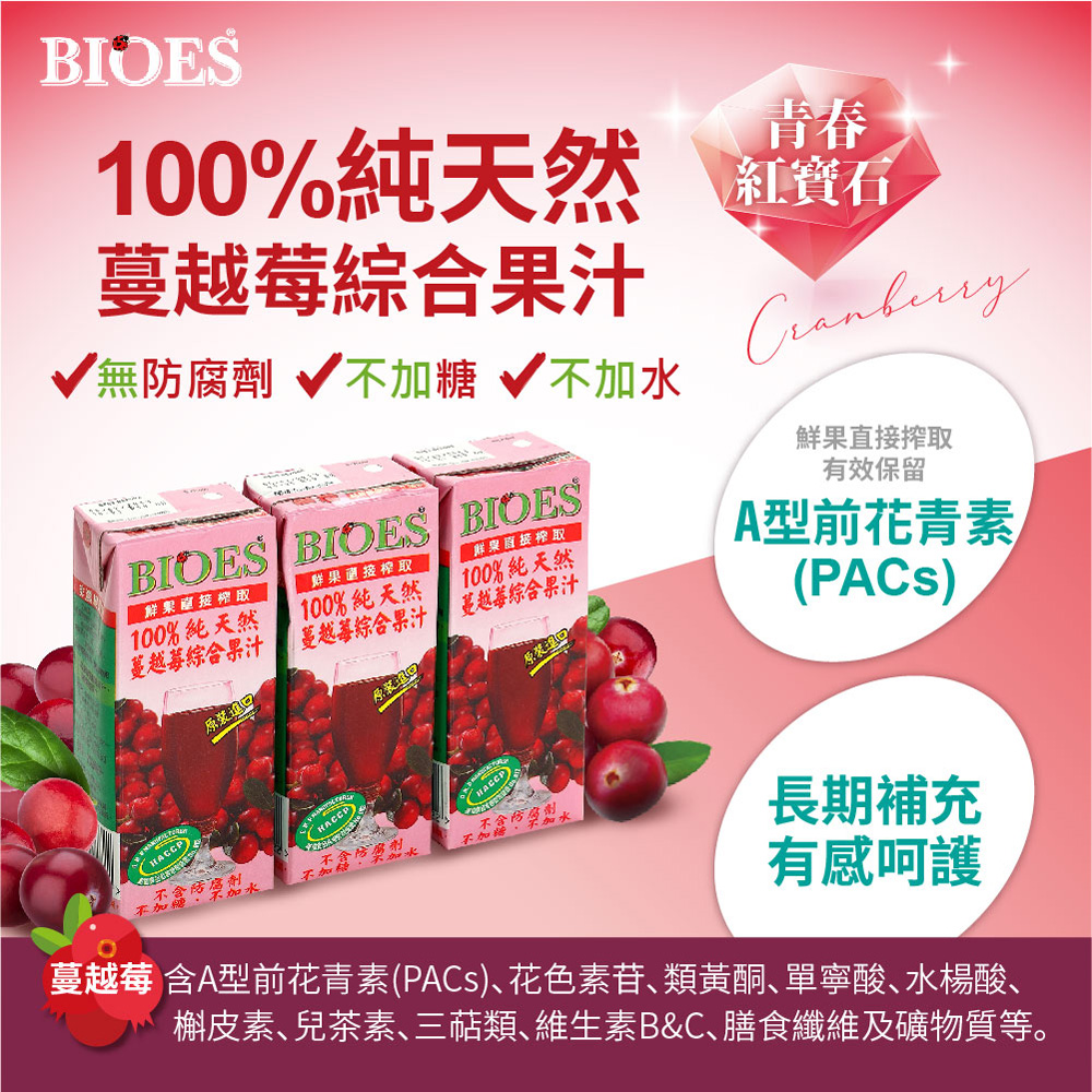 囍瑞 BIOES 隨身瓶100%純天然蔓越莓汁綜合原汁(200ml - 24入)