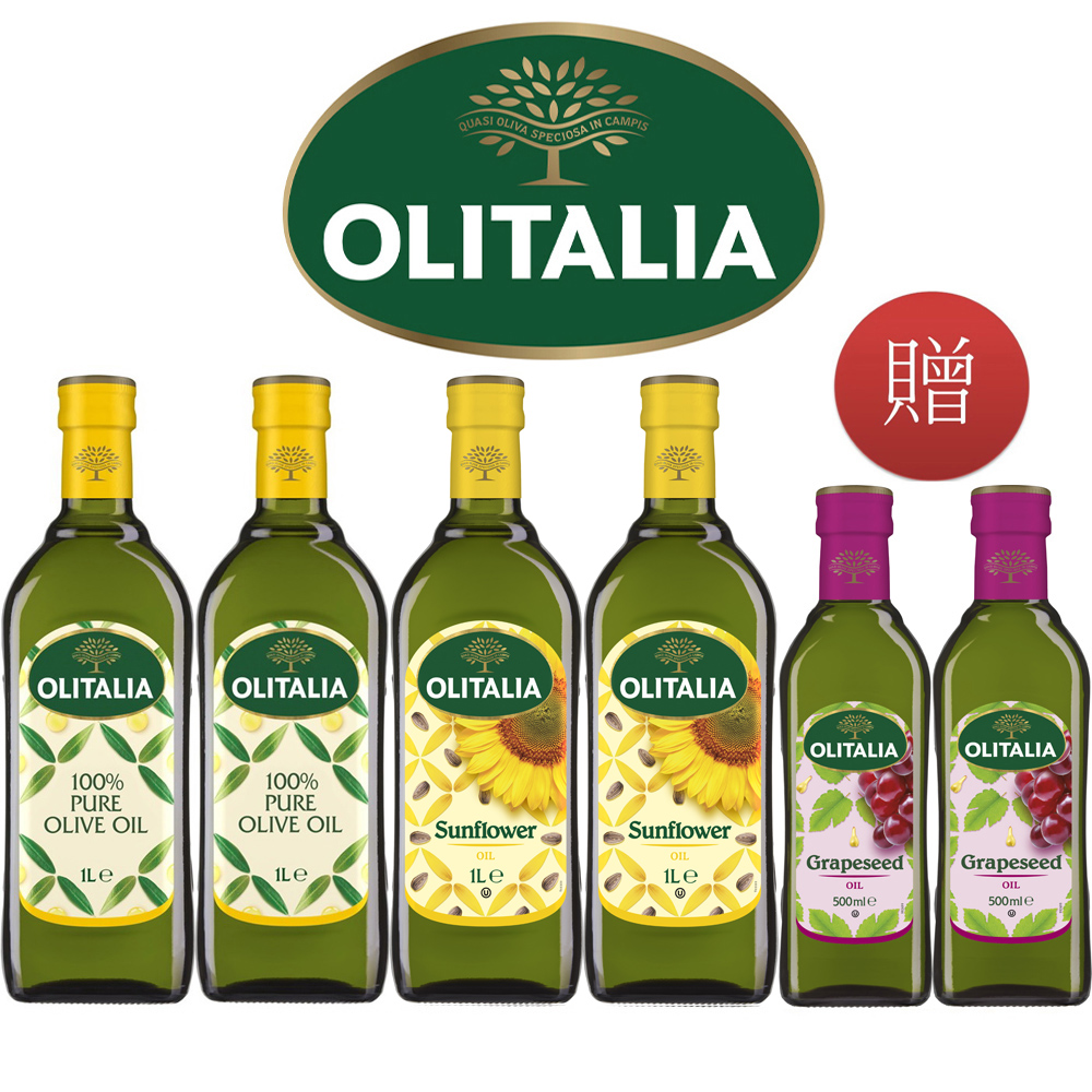 Olitalia奧利塔純橄欖油1000mlx2瓶+葵花油1000mlx2瓶-禮盒組+贈葡萄籽油500mlx2瓶