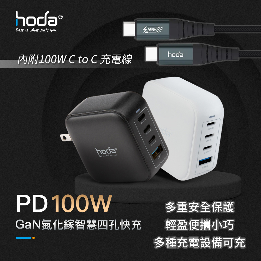 hoda 100W GaN氮化鎵智慧方型四孔電源供應器 內附100W Type-C充電線150cm PD快充平板筆電充電頭