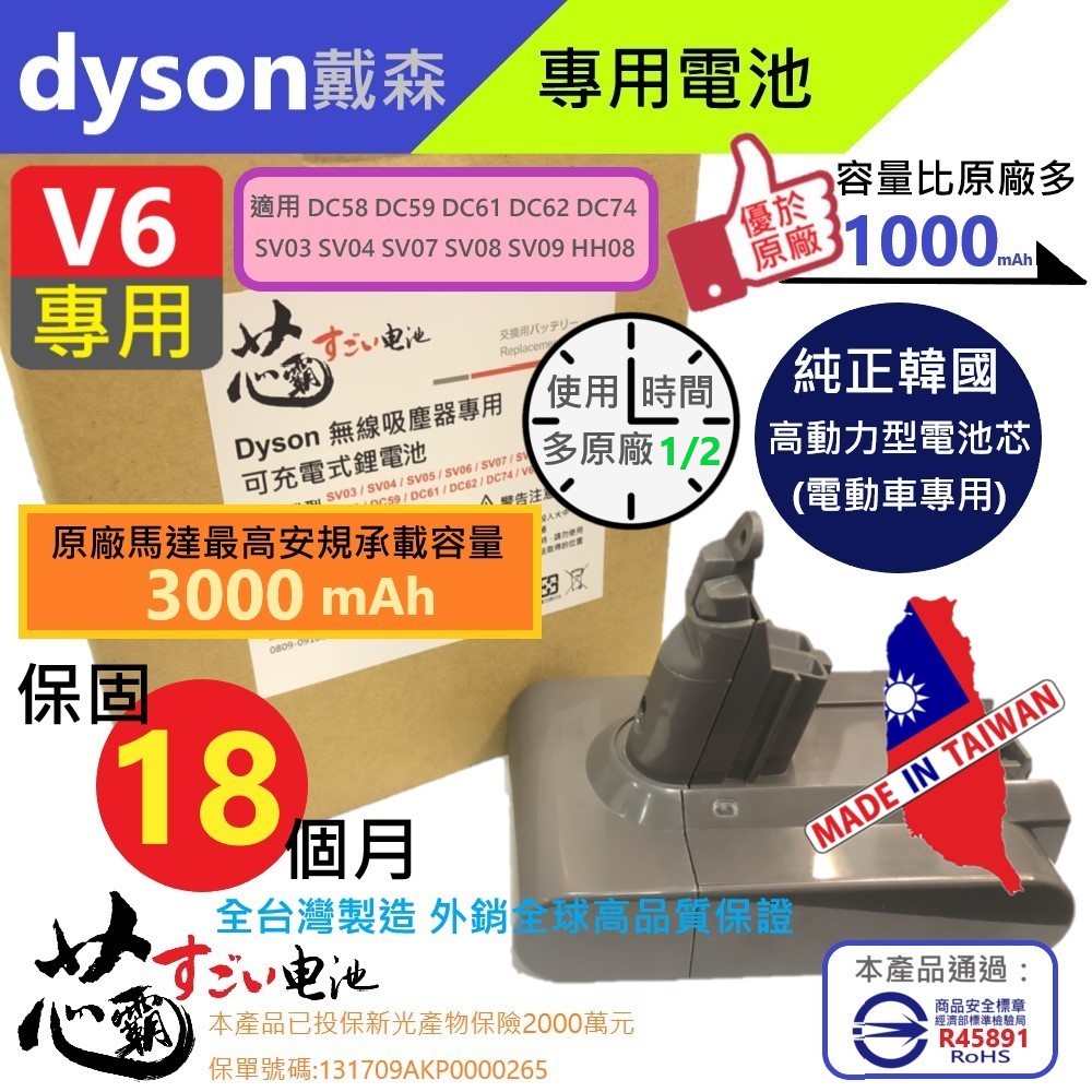 【芯霸電池】戴森 Dyson V6 DC58 DC59 DC61 DC62 DC72 DC74 SV03 SV07 SV09/3000mAh