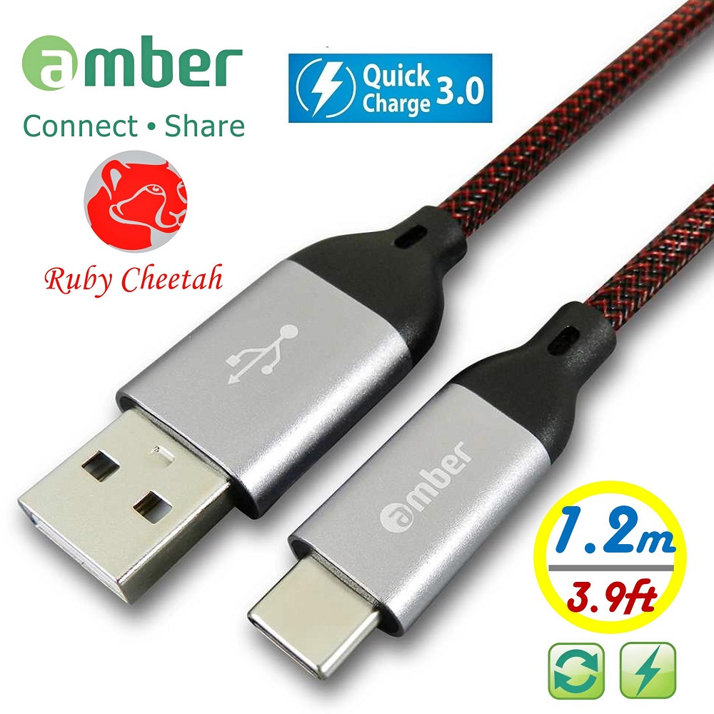 amber USB Sync/Fast Charge Ruby Cheetah A to USB Type-C Cable-1.2m