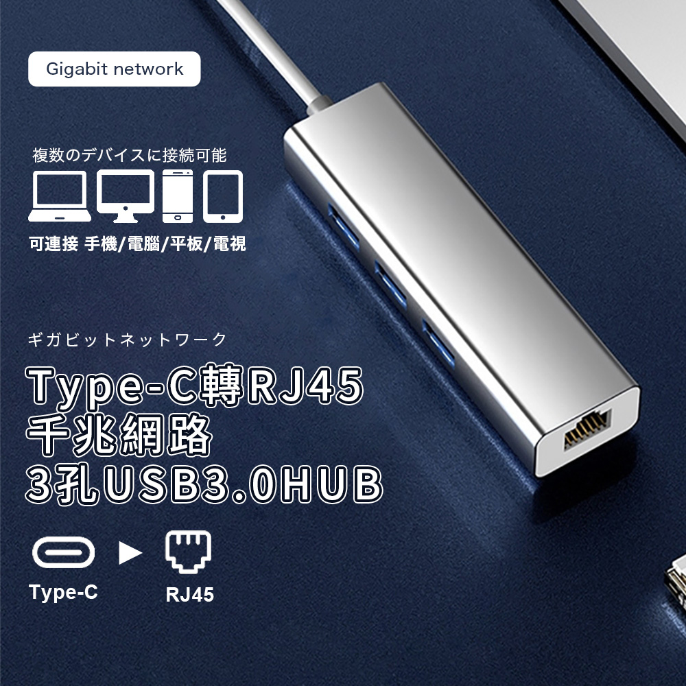 TypeC轉RJ45千兆網路＋3孔USB3.0 HUB