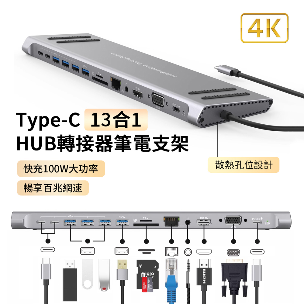 HADER 13合1 Type-C 多功能HUB轉接器筆電底座 HDMI USB3.0集線器 Mac轉接頭