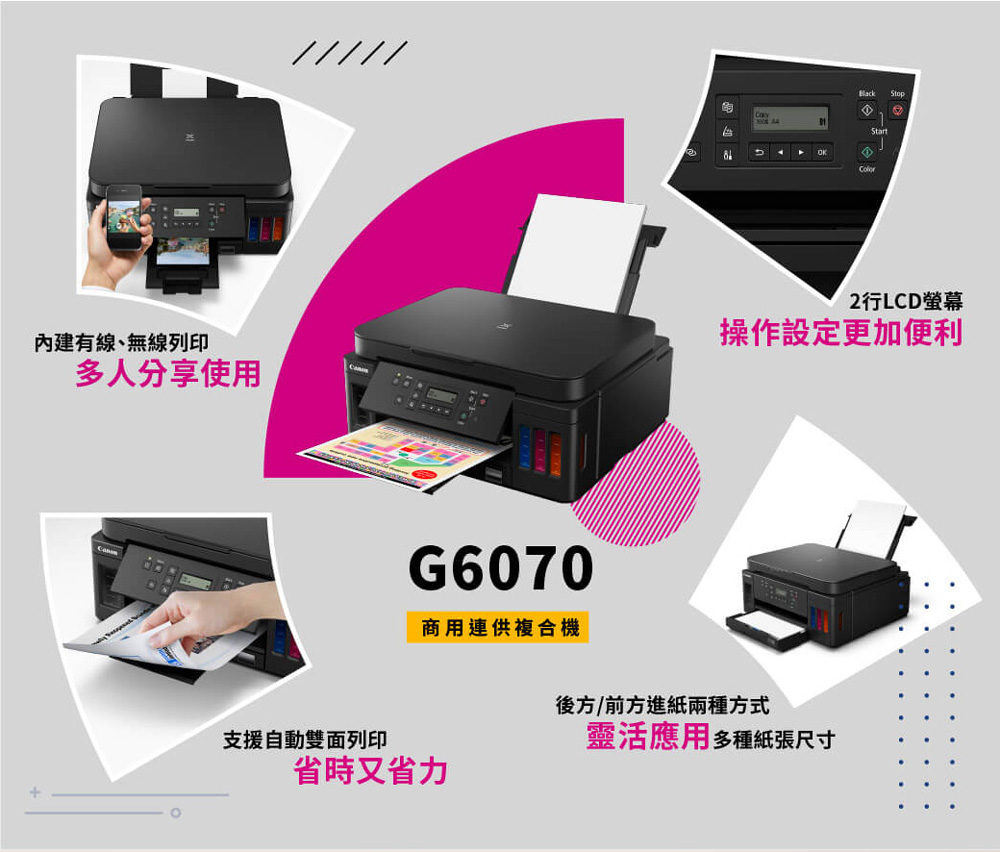 內建有線、無線列印多人分享使用G6070商用連供複合機 Start2行LCD螢幕操作設定更加便利後方/前方進紙兩種方式支援自動雙面列印靈活應用多種紙張尺寸省時又省力