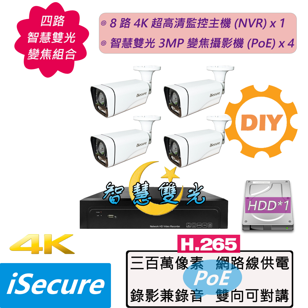 四路 DIY 監視器組合:一部八路 4K 網路型監控主機 (NVR)+四部智慧雙光 3MP 變焦管型攝影機(PoE)