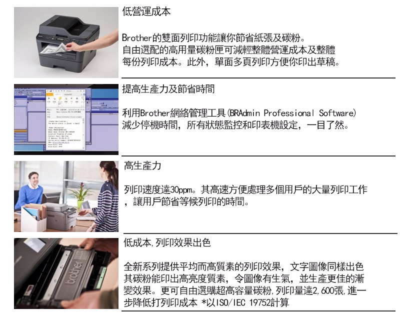 brother低營運成本Brother的雙面列印功能讓你節省紙張及碳粉自由選配的高用量碳粉匣可減輕整體營運成本及整體每份列印成本。此外,單面多頁列印方便你印出草稿。提高生產力及節省時間利用Brother網絡管理工具(BRAdmin Professional Software)減少停機時間,所有狀態監控和印表機設定,一目了然。高生產力列印速度達30ppm。其高速方便處理多個用戶的大量列印工作讓用戶節省等候列印的時間。低成本,列印效果出色全新系列提供平均而高質素的列印效果,文字圖像同樣出色其碳粉能印出高亮度質素,令圖像有生氣,並生產更佳的漸變效果。更可自由選購超高容量碳粉,列印量達2,600張, 進一步降低打列印成本 ISO/IEC 19752計算