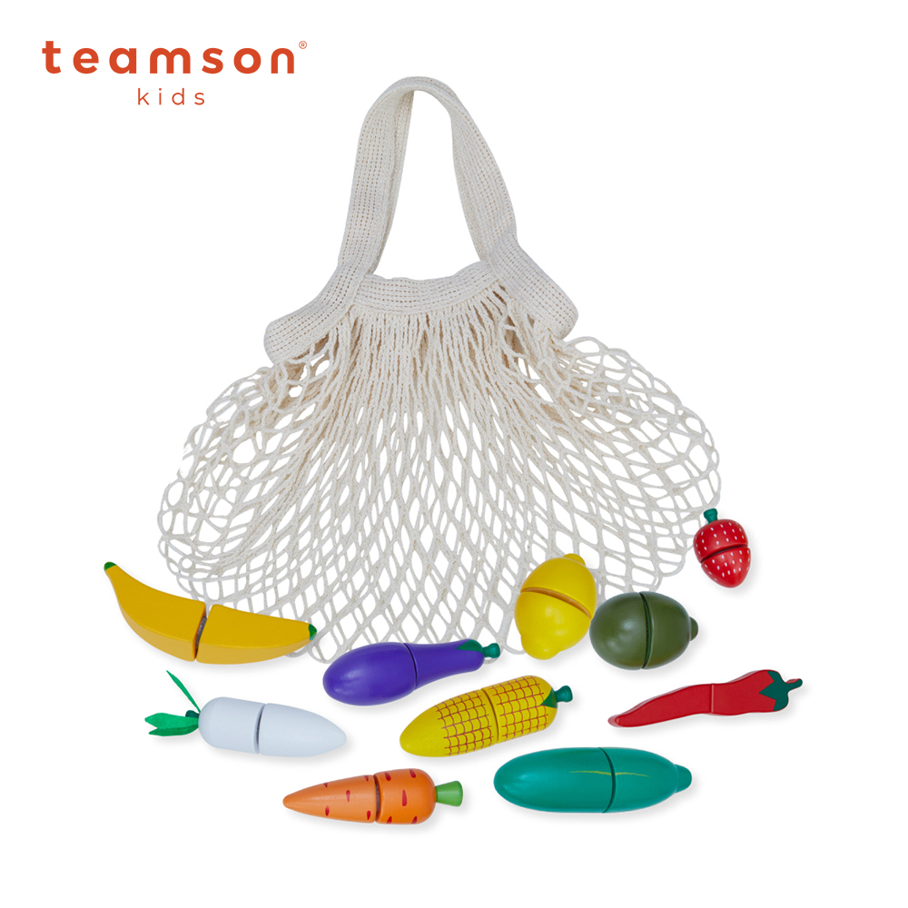 Teamson小廚師法蘭克福木製玩具蔬菜水果購物網袋11件套組