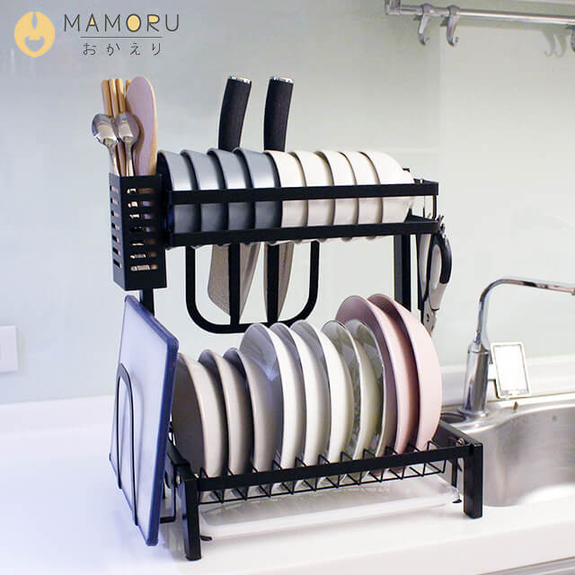 《MAMORU》多功能廚房雙層碳鋼收納架(碗盤架/碗碟架/砧板架/刀架/瀝水架/筷桶)