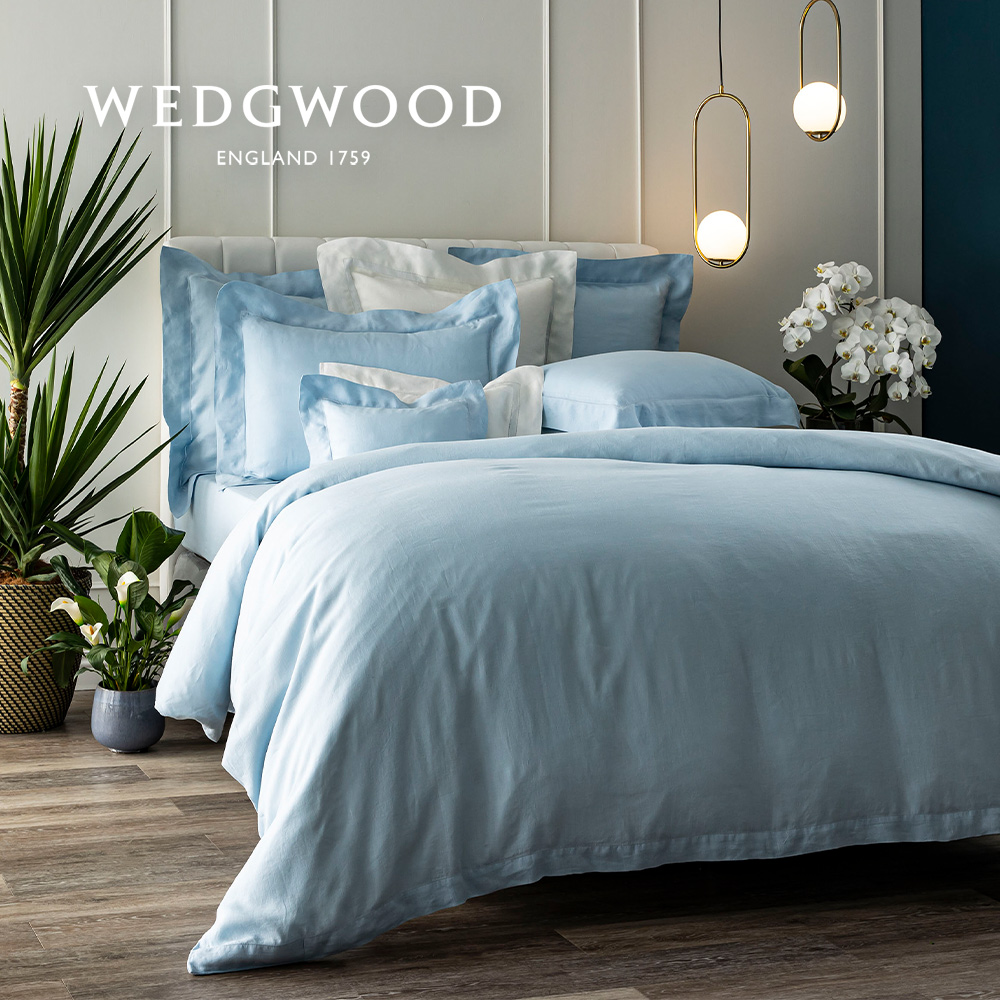 【WEDGWOOD】100%亞麻素色床包被套枕套四件組水藍-雙人