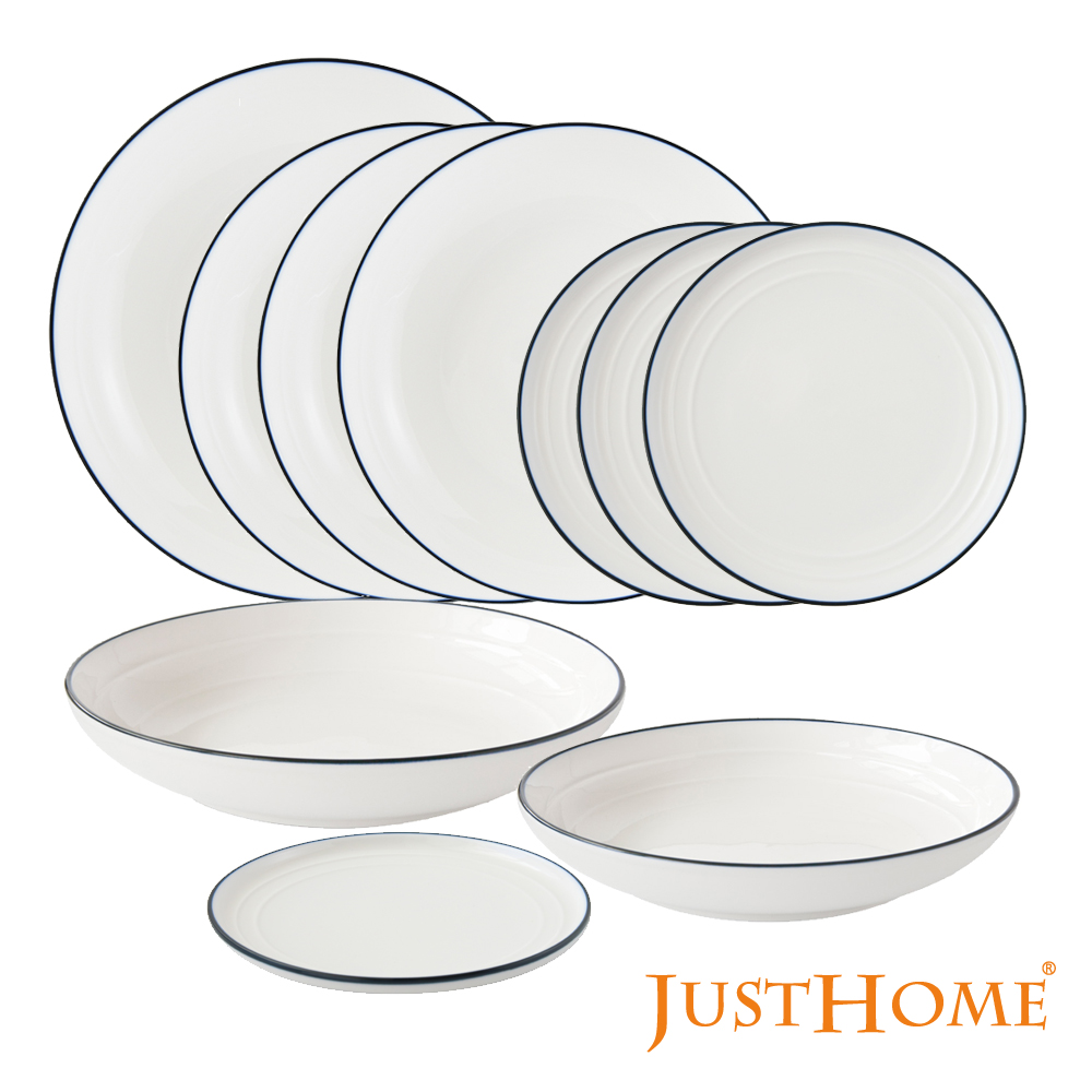 Just Home簡約純白藍邊陶瓷餐盤10件組-可微波(湯盤+點心盤)