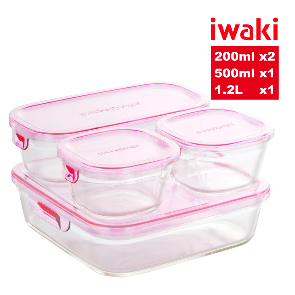 【iwaki】日本耐熱玻璃微波保鮮盒四件組(200ml*2/500ml/1.2L)
