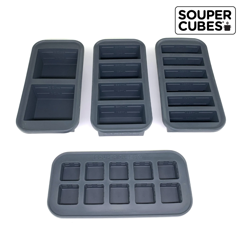 【Souper Cubes】多功能食品級矽膠保鮮盒_曜石灰4件組(2格+4格+6格+10格)