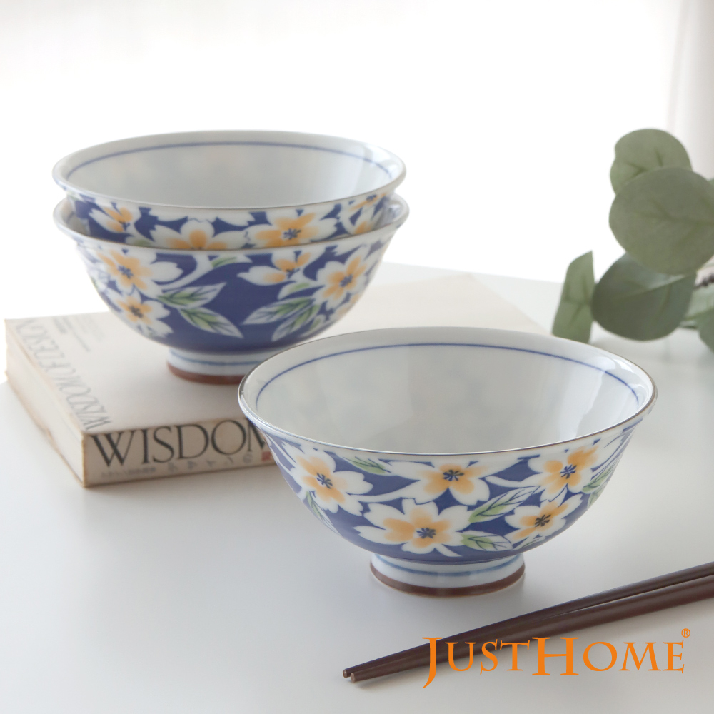 Just Home日本製藍栩花陶瓷5.7吋中式飯碗3件組(茶漬碗)