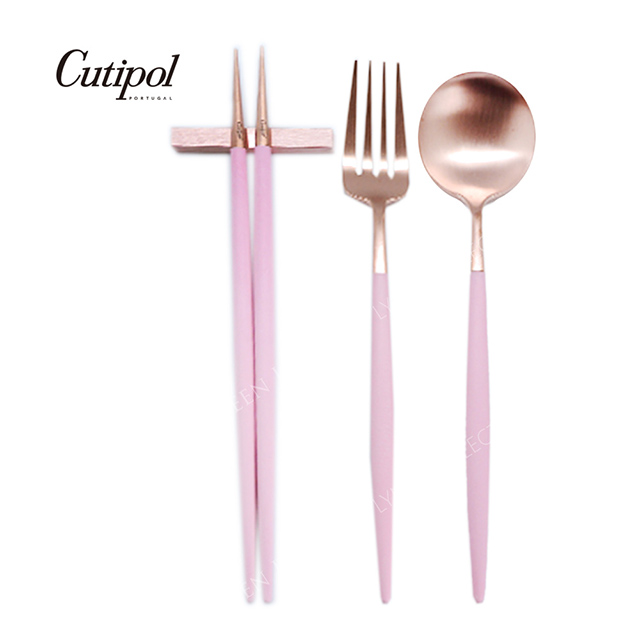 葡萄牙Cutipol GOA ROSE系列-粉玫瑰金霧面不銹鋼-新三件餐具組-叉匙筷