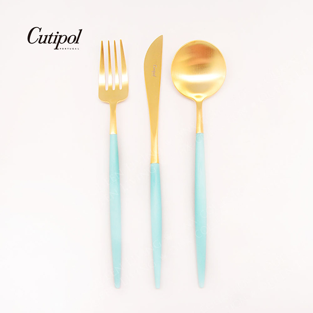 葡萄牙Cutipol-GOA系列-獨家蒂芬妮藍金霧面不銹鋼-21.5cm主餐刀叉匙-3件