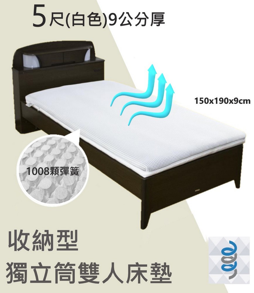 【富郁床墊】4D透氣獨立筒彈簧床墊9cm 雙人5尺(白色) 1008顆彈簧-台灣獨家直營床墊工廠