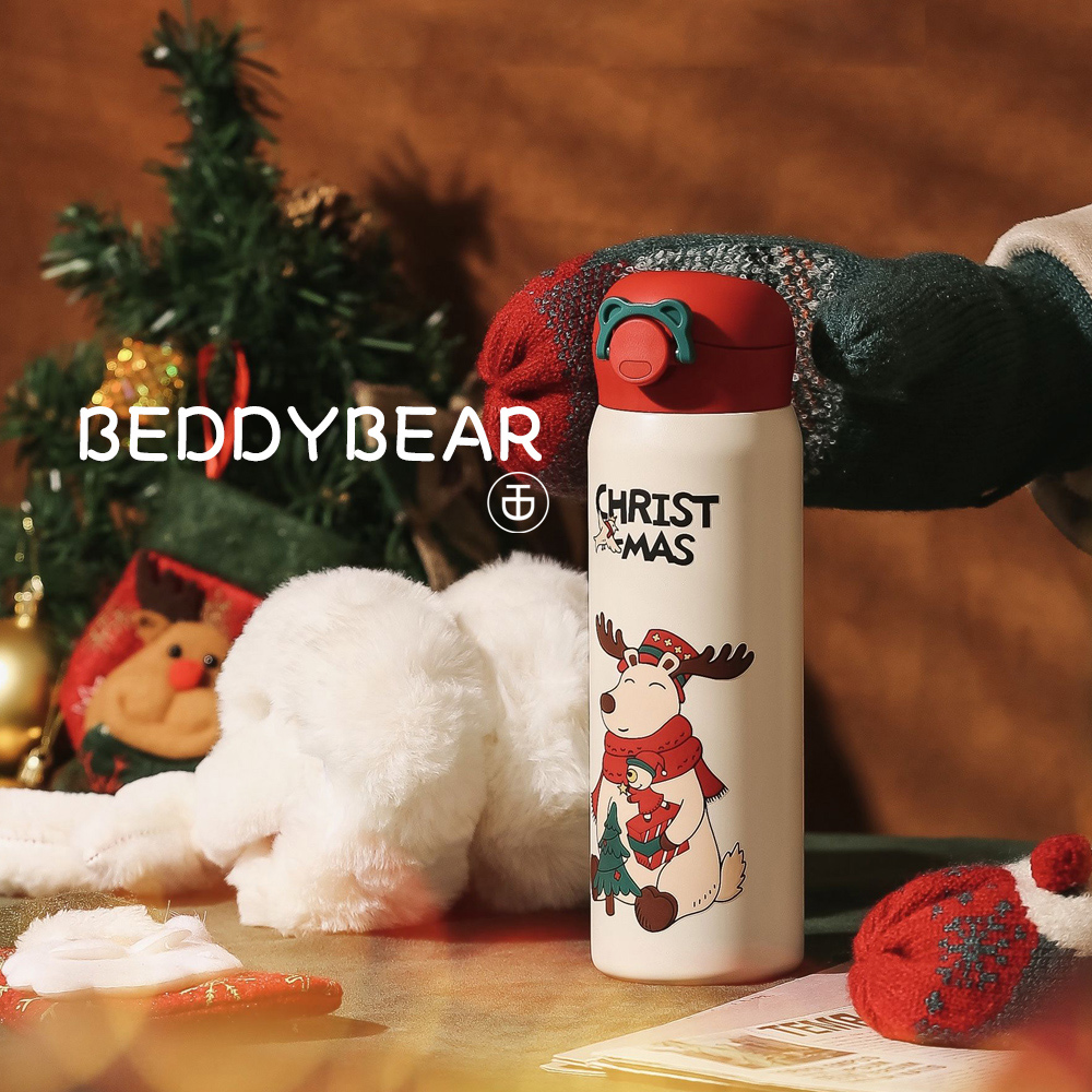 【BEDDYBEAR】韓國BEDDYBEAR 杯具熊 聖誕系列浮雕守護鹿 彈蓋 316不鏽鋼保溫瓶 彈蓋不鏽鋼保溫杯