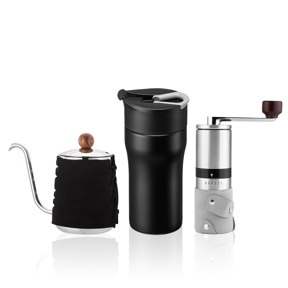 【PO:Selected】丹麥手沖咖啡三件組(咖啡壺-黑/法壓保溫杯12oz-黑/咖啡磨2.0)