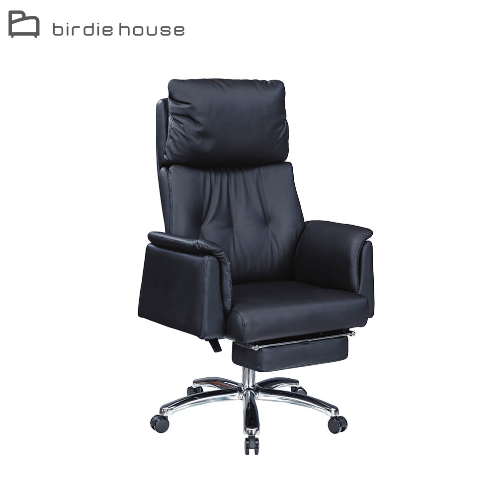 Birdie-貝德黑色半牛皮扶手主管辦公椅/電腦椅-伸縮擱腳/腳靠墊+羽絨填充頭枕