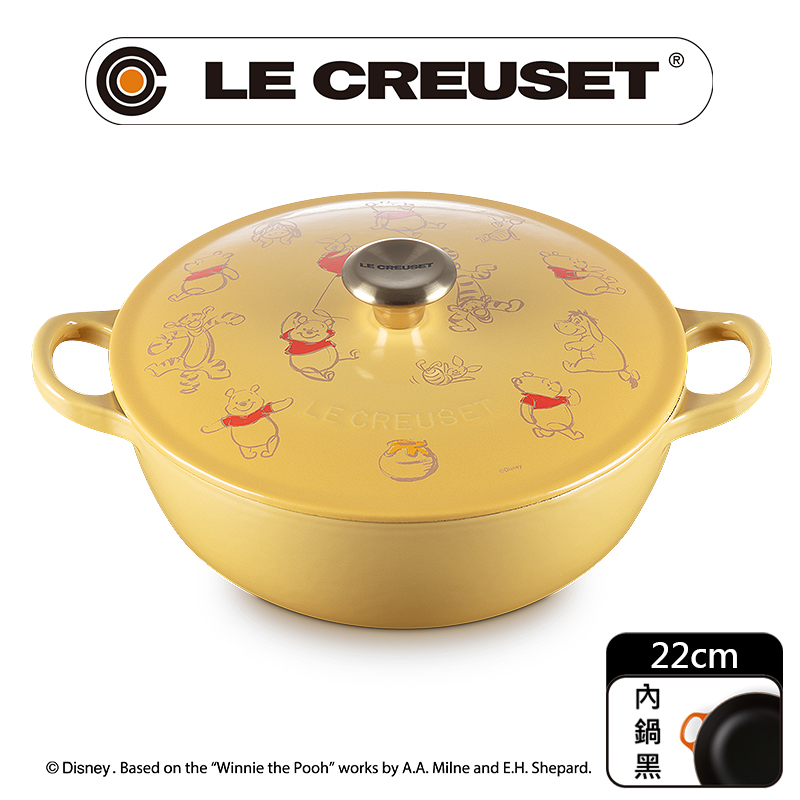 LE CREUSET-小熊維尼系列琺瑯鑄鐵鍋媽咪鍋22cm (溫桲黃-金頭-內鍋黑)