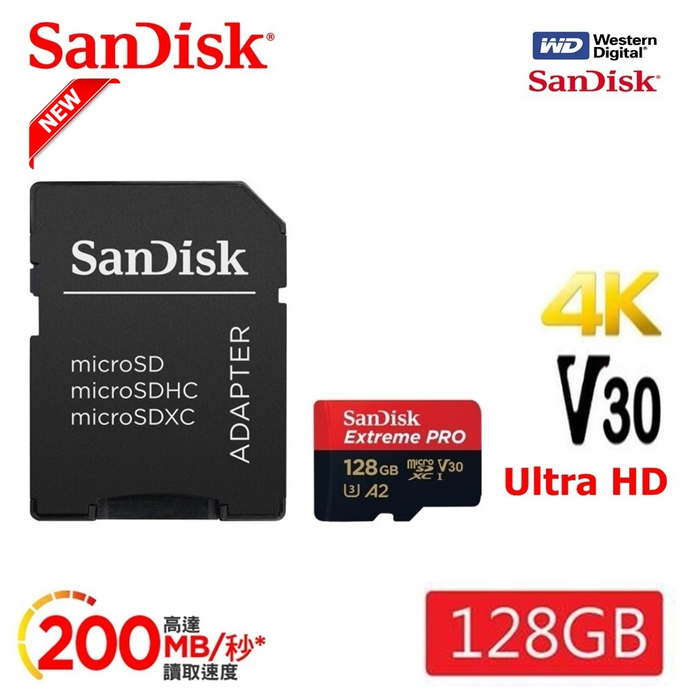 SanDisk ExtremePRO microSDXC UHS-I(V30)(A2) 128GB 200MB/s 記憶卡 (附SD轉卡)