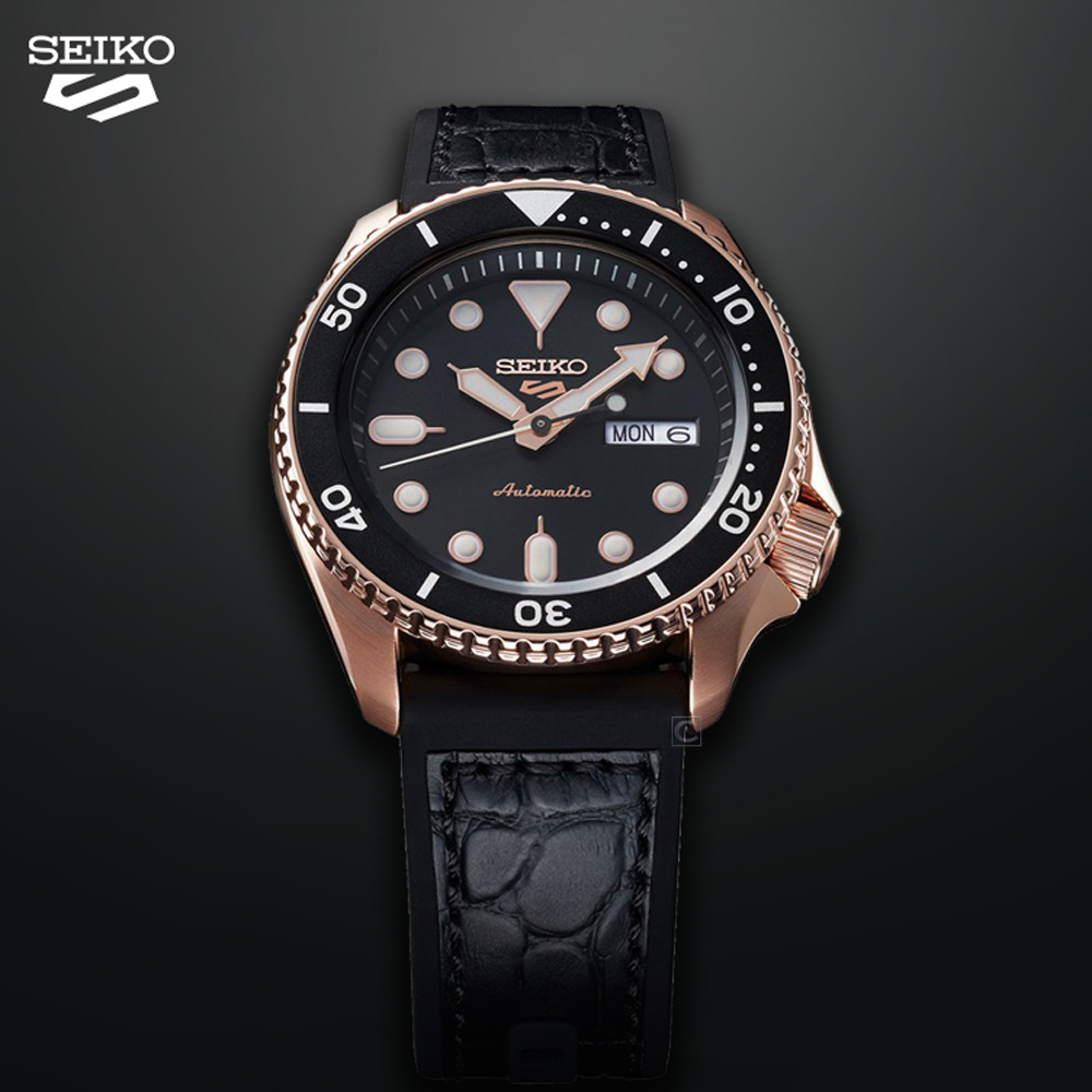 SEIKO 精工 5 Sports 系列機械錶 (4R36-07G0J/SRPD76K1)-黑膠帶x玫瑰金色/42.5mm
