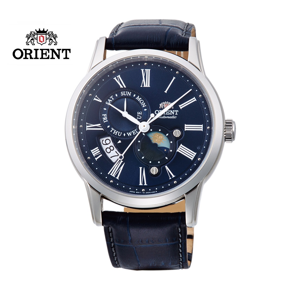 ORIENT 東方錶 SUN&MOON系列 羅馬數字日月相錶 皮帶款 RA-AK0011D 藍色