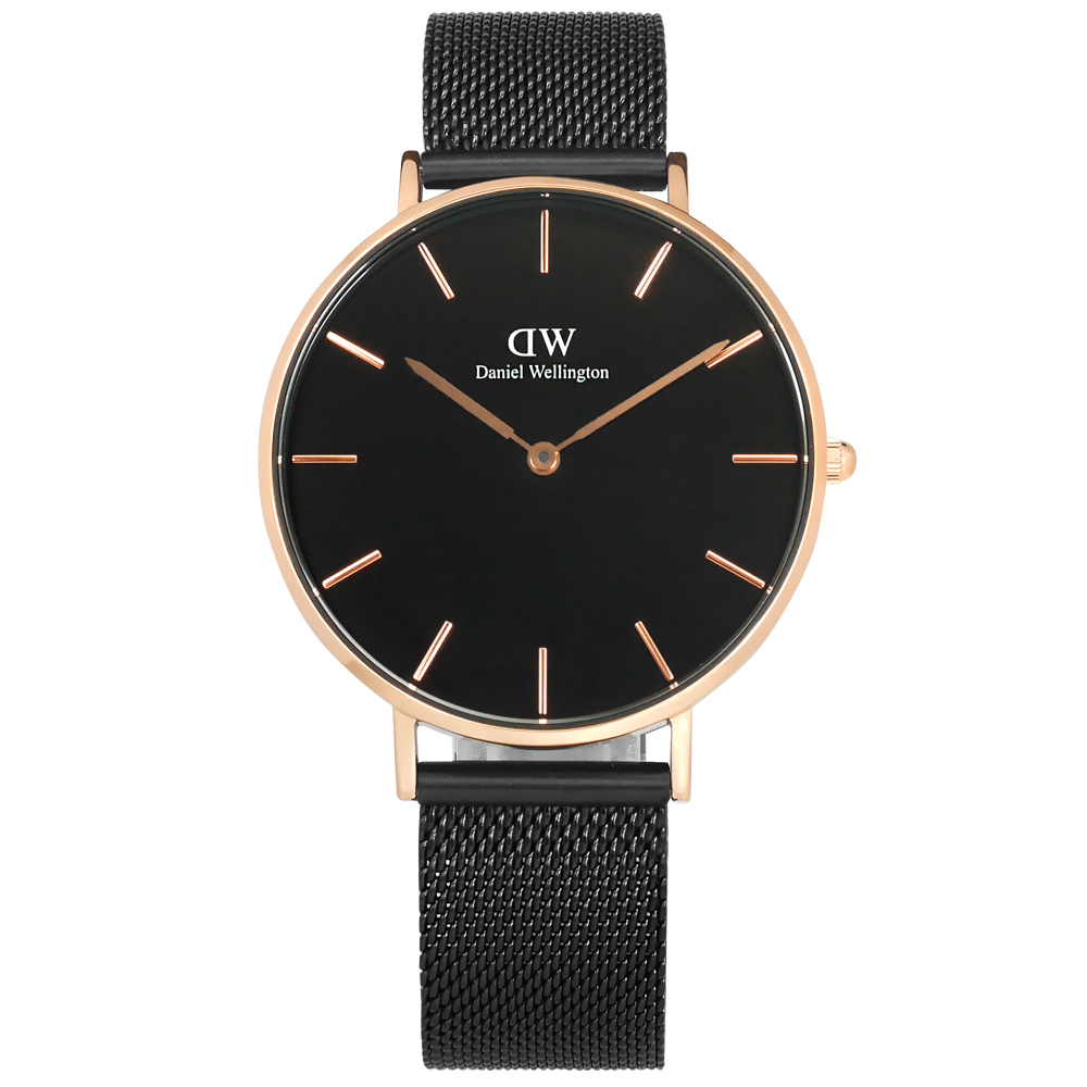 DW Daniel Wellington / DW00100307 /Petite Ashfield 米蘭編織不鏽鋼手錶 玫瑰金x鍍黑 ...