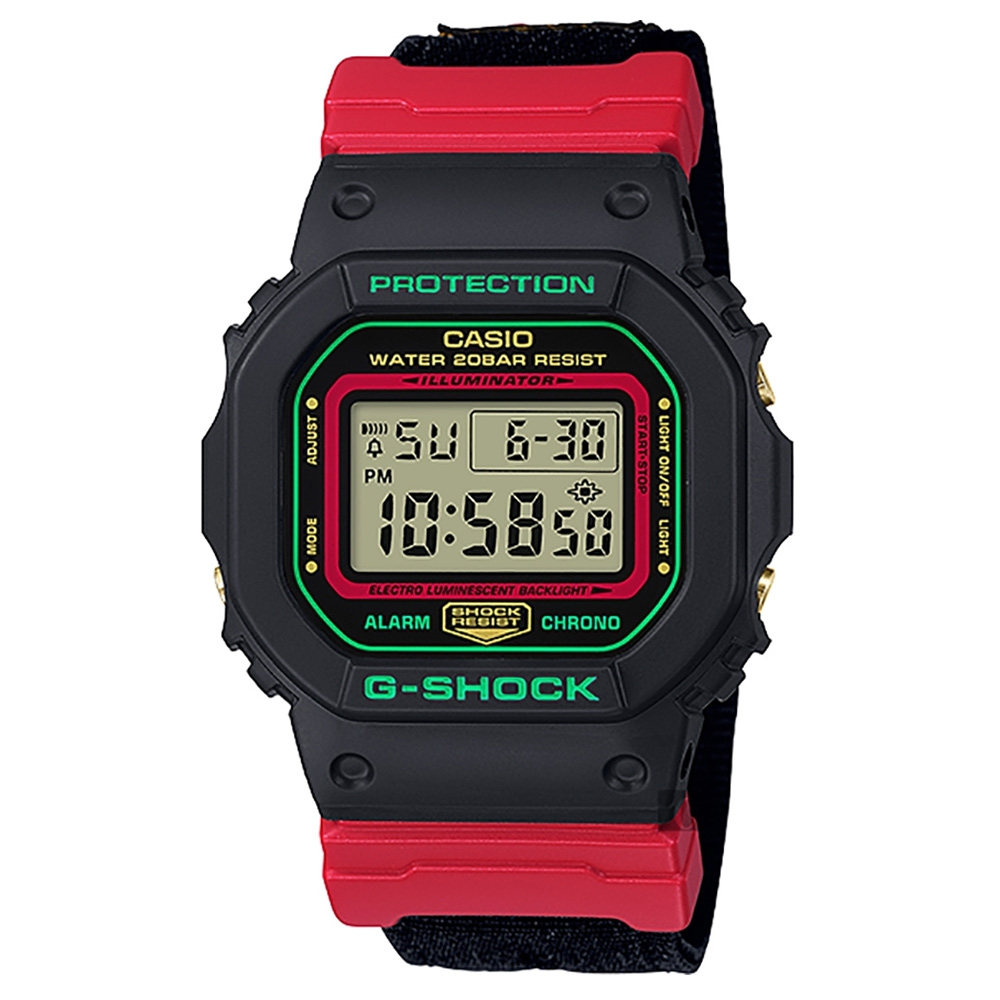 【CASIO】卡西歐 G-SHOCK 200米防水 帆布錶帶 運動電子錶 DW-5600THC-1 黑/紅