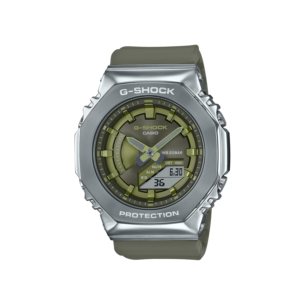 【CASIO 卡西歐】G-SHOCK 八角金屬殼雙顯手錶(銀/綠GM-S2100-3A)
